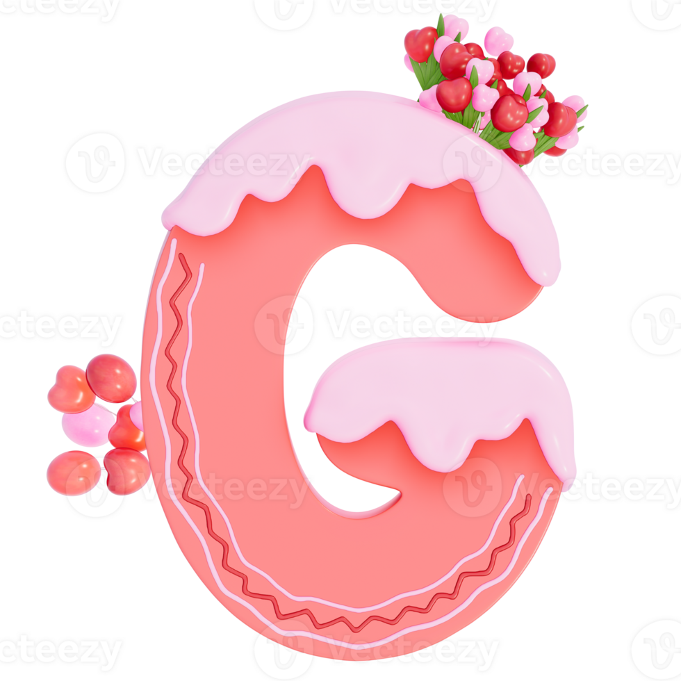 Sweet valentine's day alphabet G with decoration on transparent background , 3D Rendering png