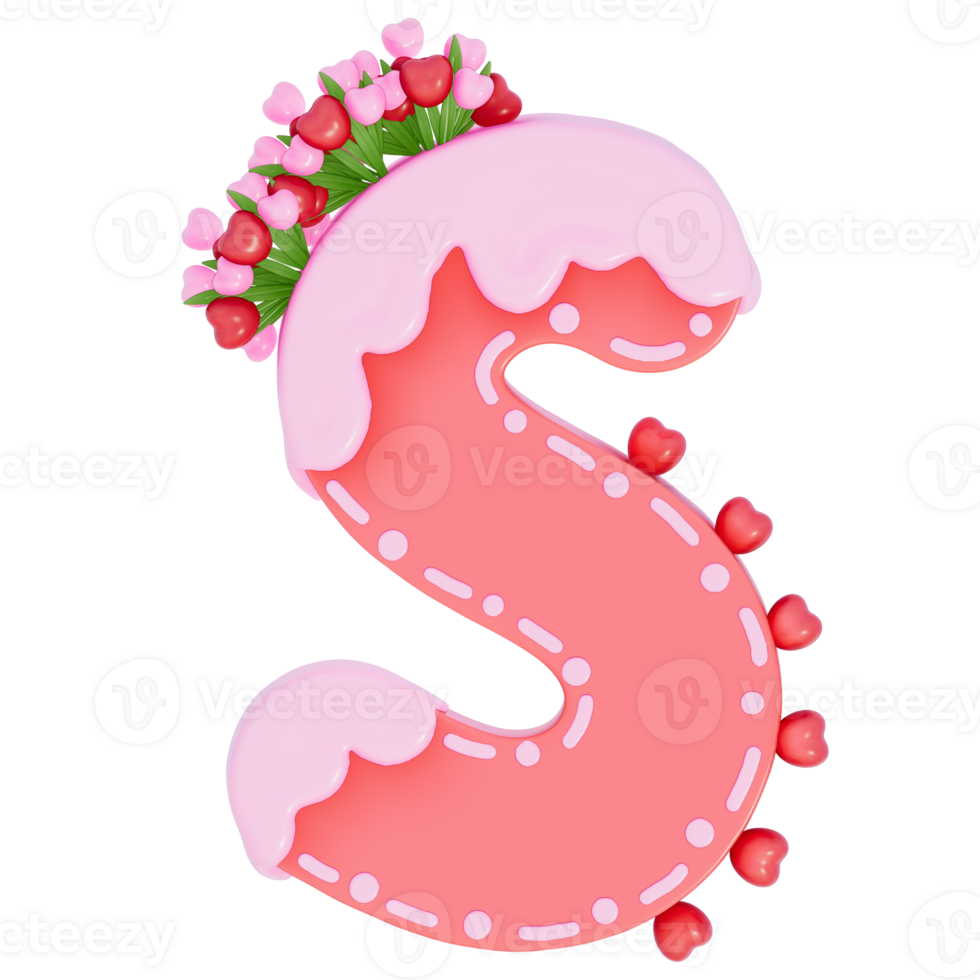 Sweet valentine's day alphabet S with decoration on transparent background , 3D Rendering png