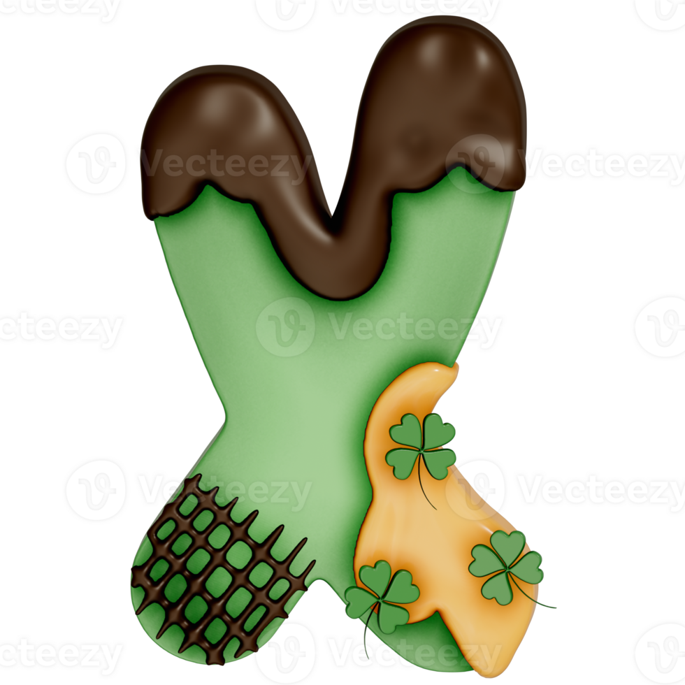 St. Patrick's day dessert alphabet X with decoration on transparent background , 3D Rendering png