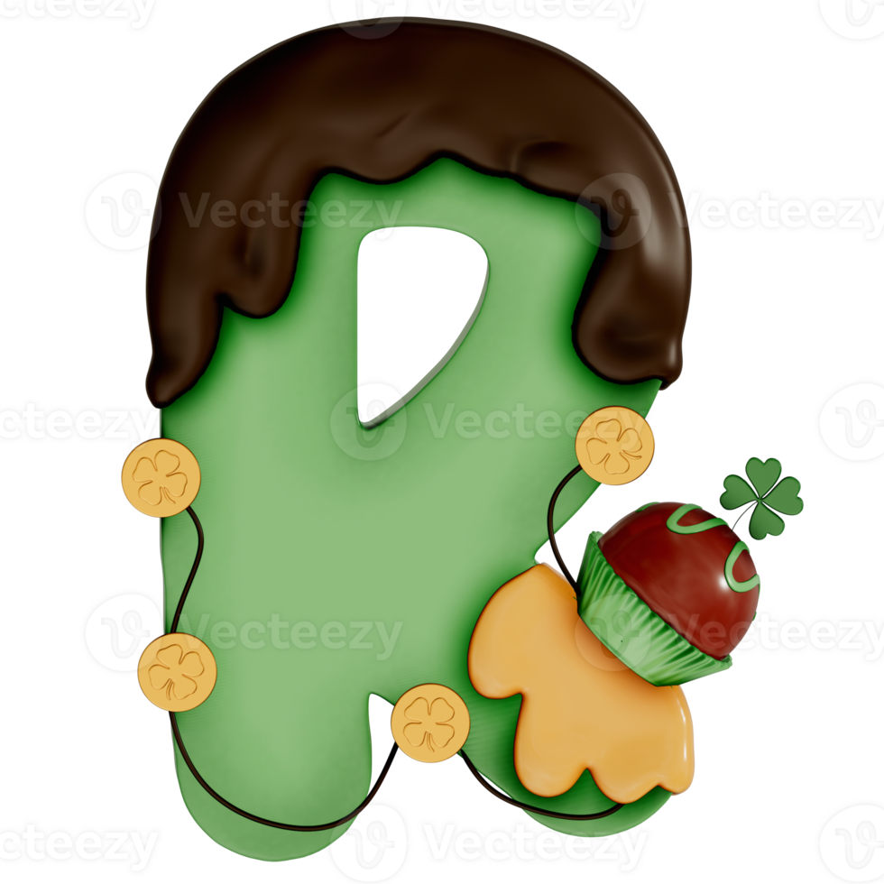 St. Patrick's day dessert alphabet J with decoration on transparent background , 3D Rendering png