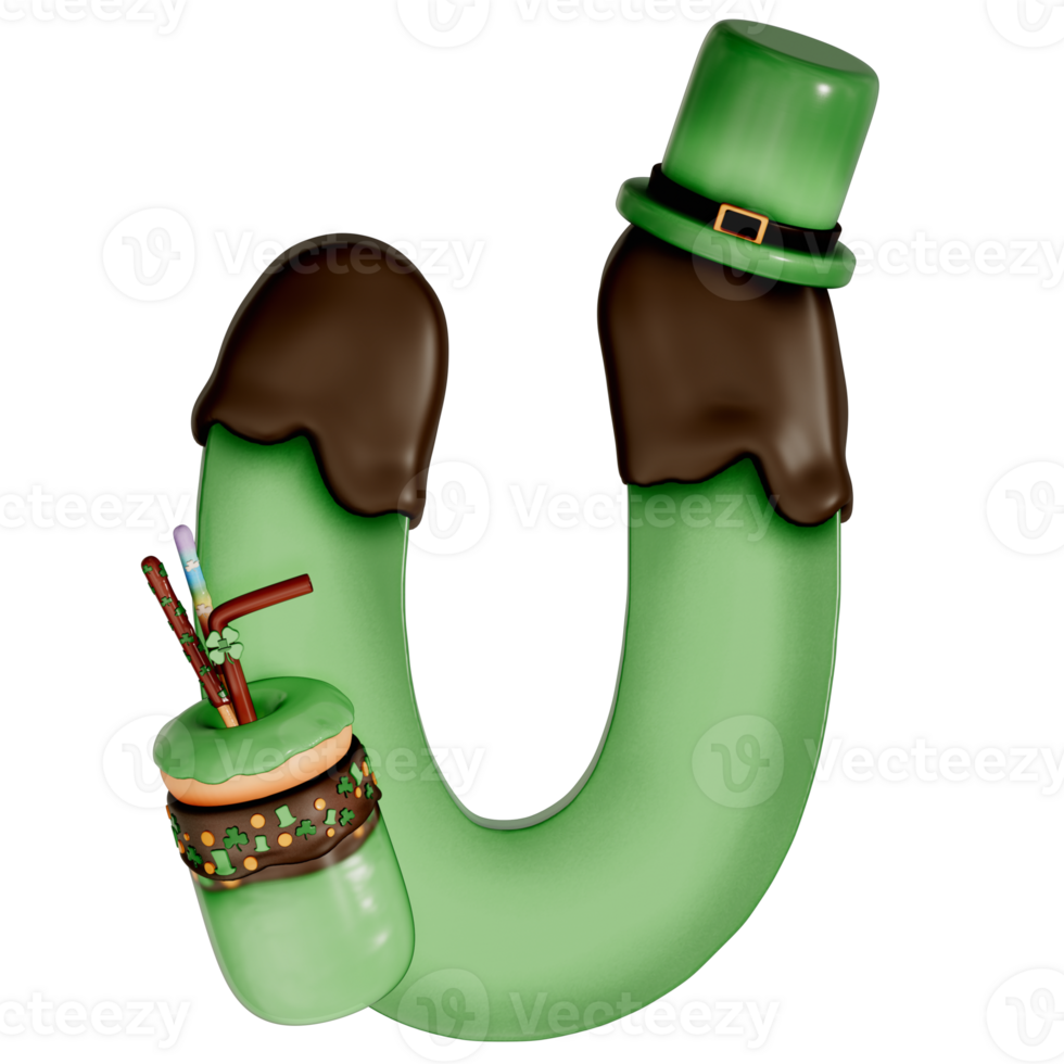 St. Patrick's day dessert alphabet U with decoration on transparent background , 3D Rendering png