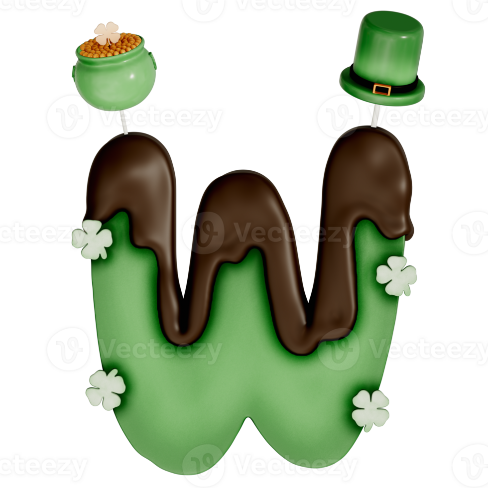 St. Patrick's day dessert alphabet W with decoration on transparent background , 3D Rendering png