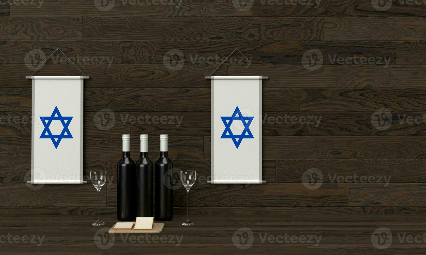 bandera modelo tarjeta blanco aislado de madera roble antecedentes fondo de pantalla vacío blanco gemelo dos objeto botella vino vaso un pan Copiar espacio estrella de david Israel contento Pascua hebreo haggadah saludo matzo foto