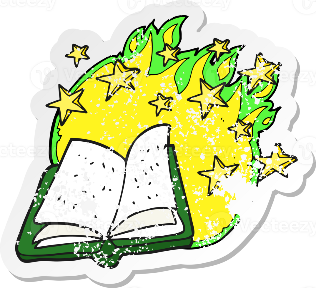 retro distressed sticker of a cartoon magic spell book png