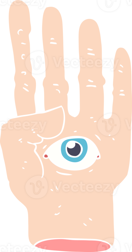 flat color illustration of a cartoon spooky hand with eyeball png