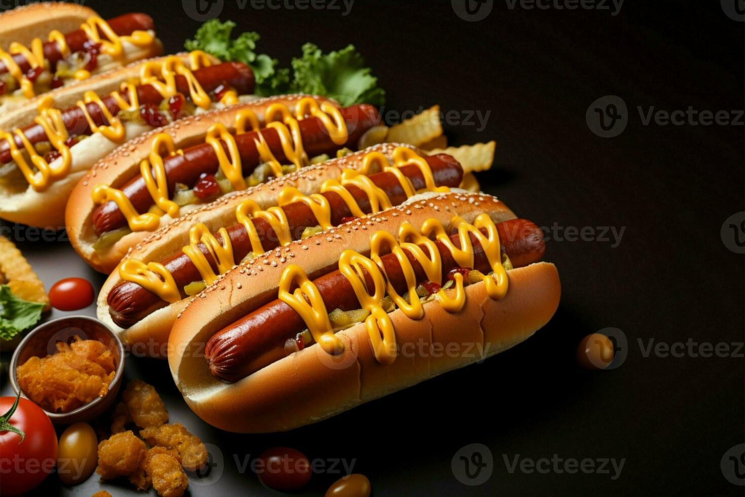AI generated Hot dog delight American fast food with meat, sausage, tomato photo
