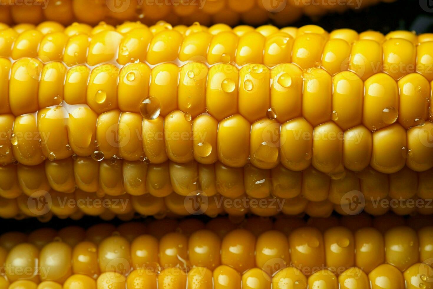 AI generated Seed perfection, raw corn kernels in rows, each adorned with droplets photo