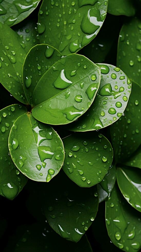 AI generated Topview of green leaves background with water droplets, copy Vertical Mobile Wallpaper photo