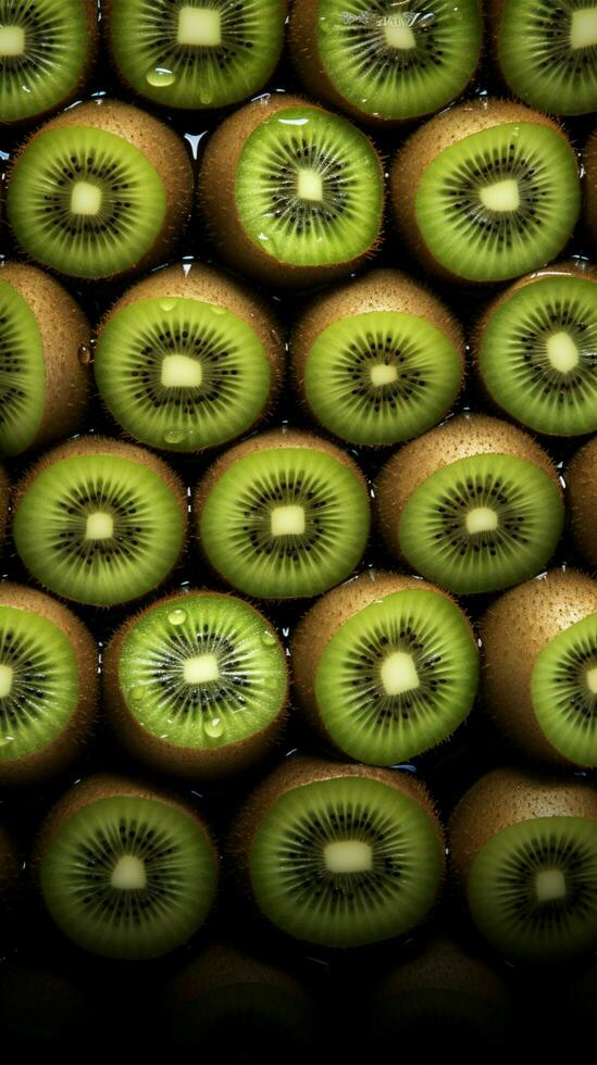 ai generado kiwi rebanada rodeado por intacto homólogos, un vibrante sabroso conjunto vertical móvil fondo de pantalla foto