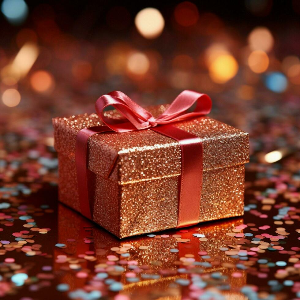 AI generated Tinsel delight Red gift box sparkles with festive holiday allure For Social Media Post Size photo