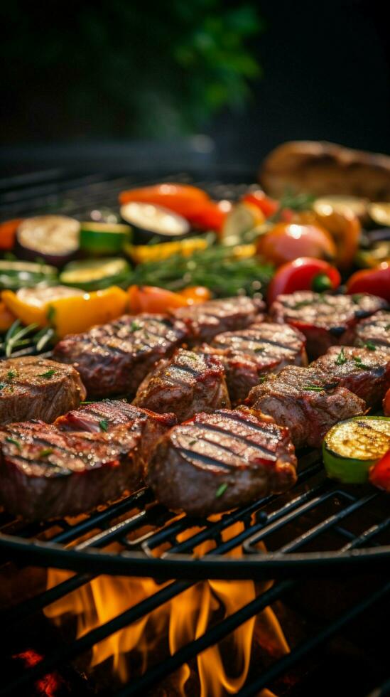 AI generated Image Closeup BBQ scene delicious grilled meat, veggies on the grill Vertical Mobile Wallpaper photo