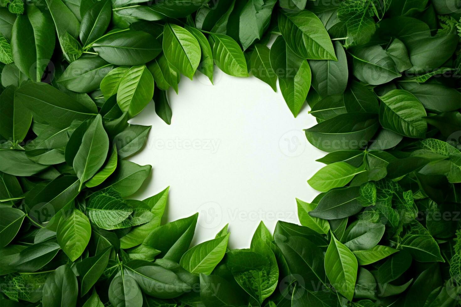 AI generated Green leaves form a circular frame with white center, top view photo