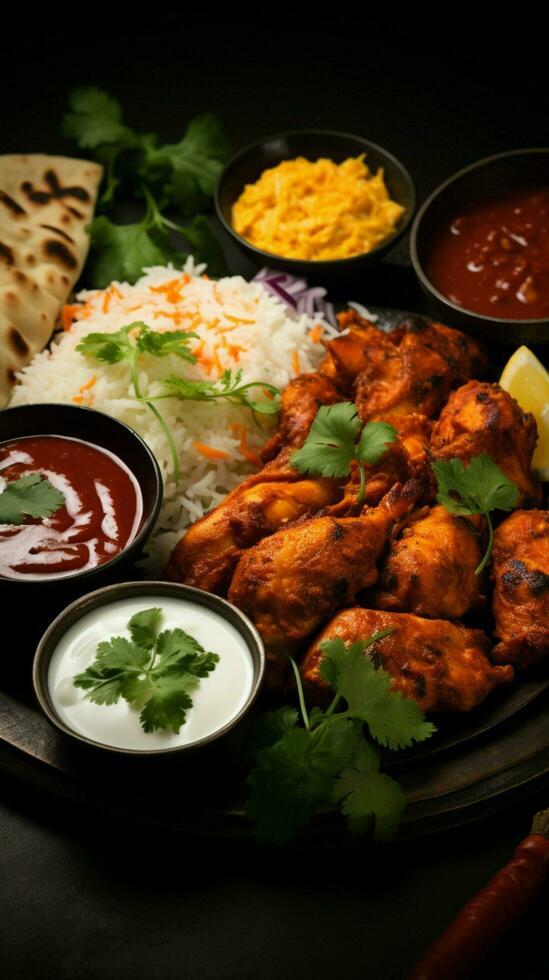 AI generated Indian food feast Chicken tikka masala, basmati rice, chutney, curd Vertical Mobile Wallpaper photo