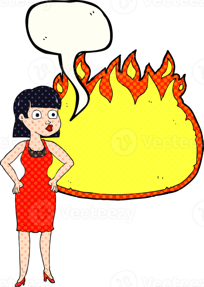 comic book speech bubble cartoon woman in dress with hands on hips and flame banner png