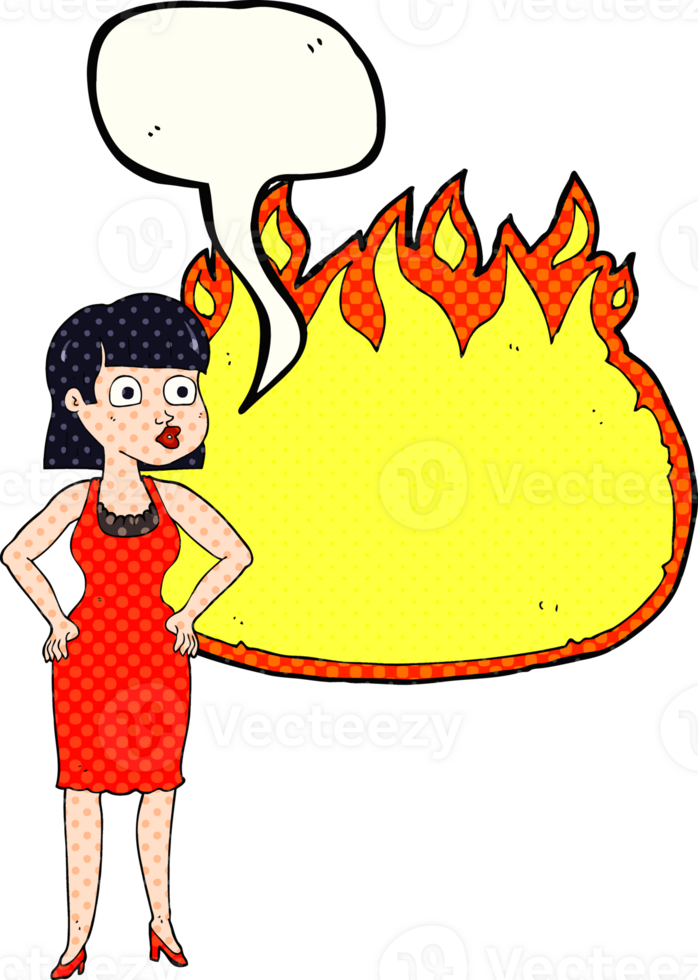 grappig boek toespraak bubbel tekenfilm vrouw in jurk met handen Aan heupen en vlam banier png