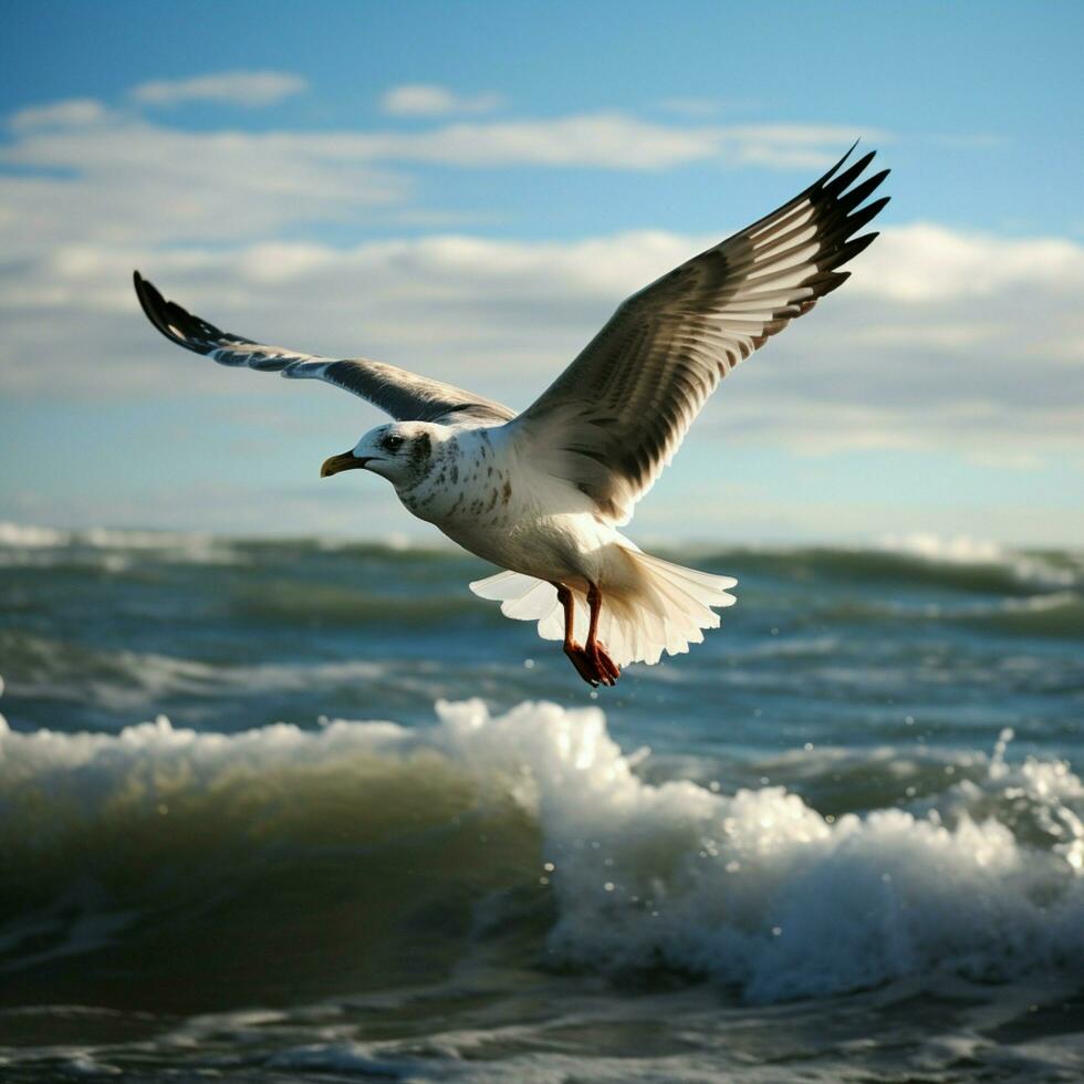 AI generated Ocean aviator Gull in flight, wings span over the sea For Social Media Post Size photo