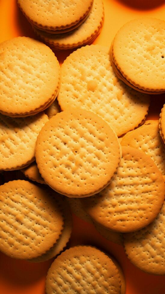 AI generated Tasty cookies on a vivid orange background, inviting and delicious Vertical Mobile Wallpaper photo