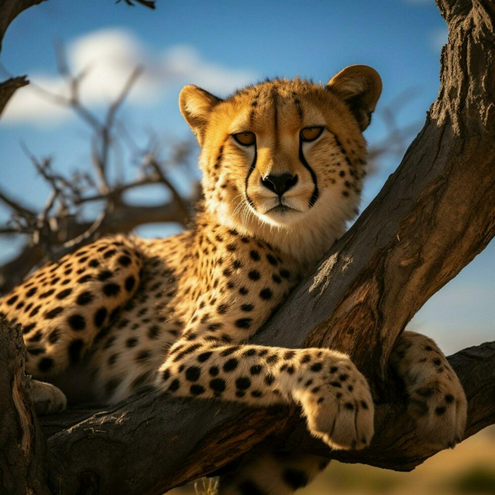 AI generated Cheetah relaxes on a tree in Serengeti National Park, Tanzania For Social Media Post Size photo