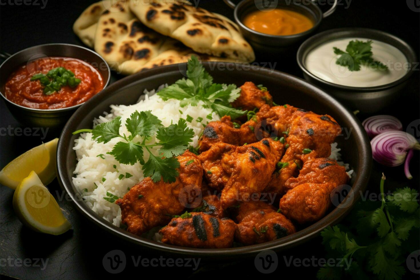 AI generated Chicken tikka masala with basmati rice, onion chutney, Indian feast photo