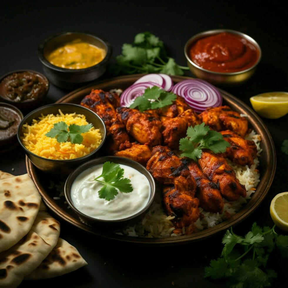 AI generated Indian food feast Chicken tikka masala, basmati rice, chutney, curd For Social Media Post Size photo