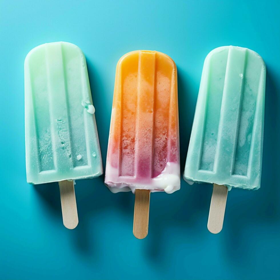 AI generated Flat lay of bright ice cream popsicles, top view on blue For Social Media Post Size photo