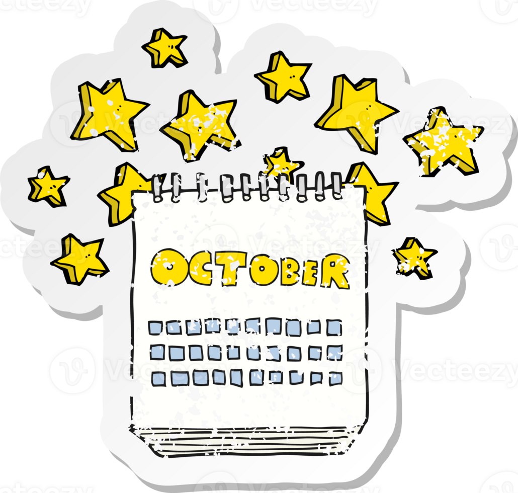 retro distressed sticker of a cartoon calendar showing month of october png