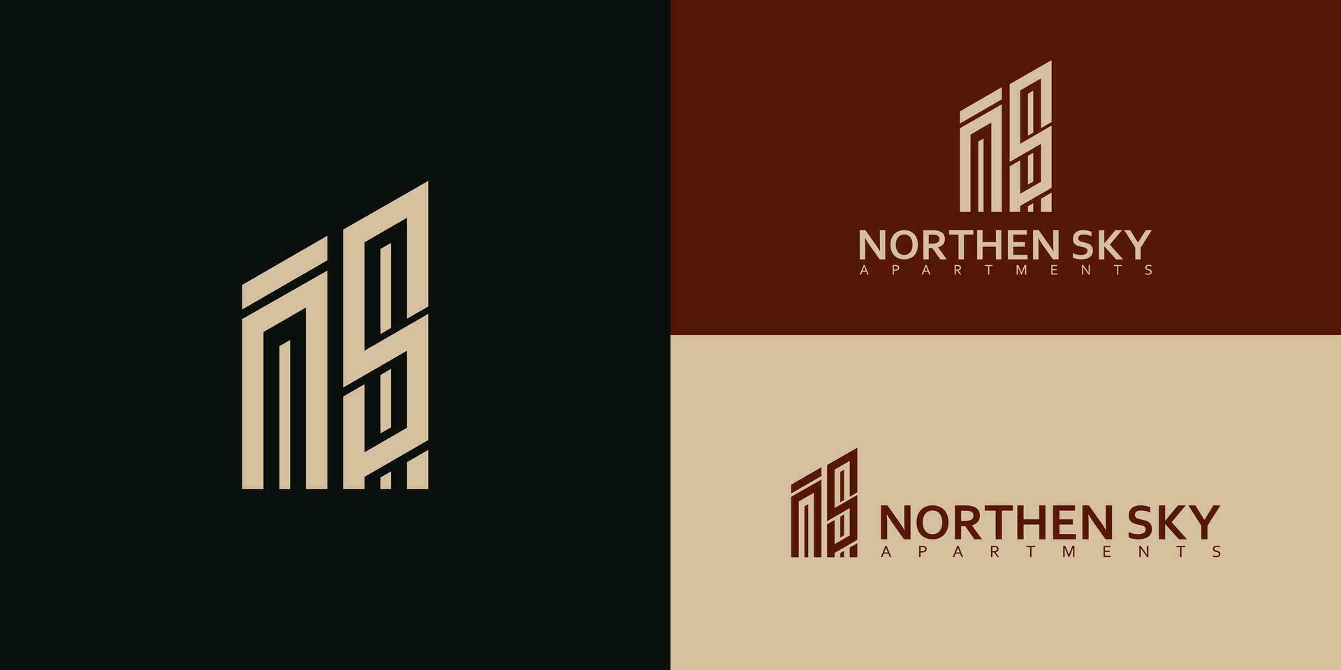 abstract initial letter N and S logo in gold color isolated in black background applied for real estate development logo design also suitable for the brand or company that has initial name NS or SN vector