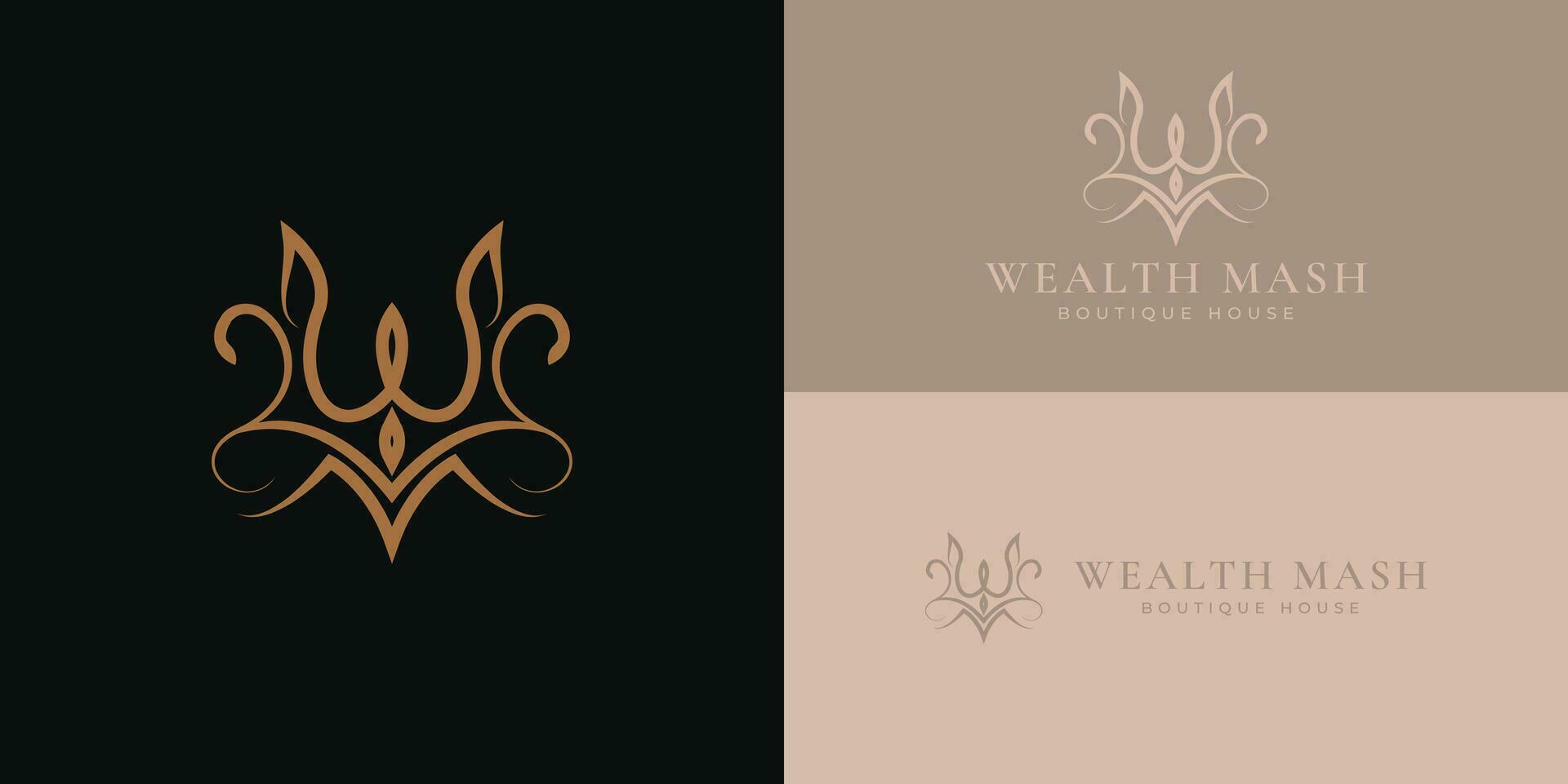 resumen inicial letra wm o mw logo en oro corona color aislado en negro antecedentes aplicado para boutique aptitud estudio logo además adecuado para el marcas o empresas tener inicial nombre mw o wm. vector