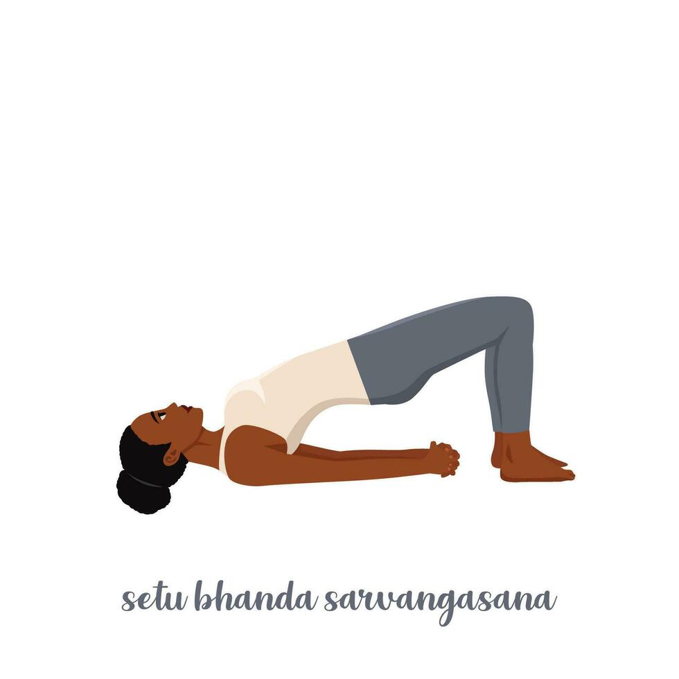 mujer haciendo yoga setu bandha sarvangasana chakrasana. pose de yoga del puente. salud física. ilustración vectorial plana aislada sobre fondo blanco vector