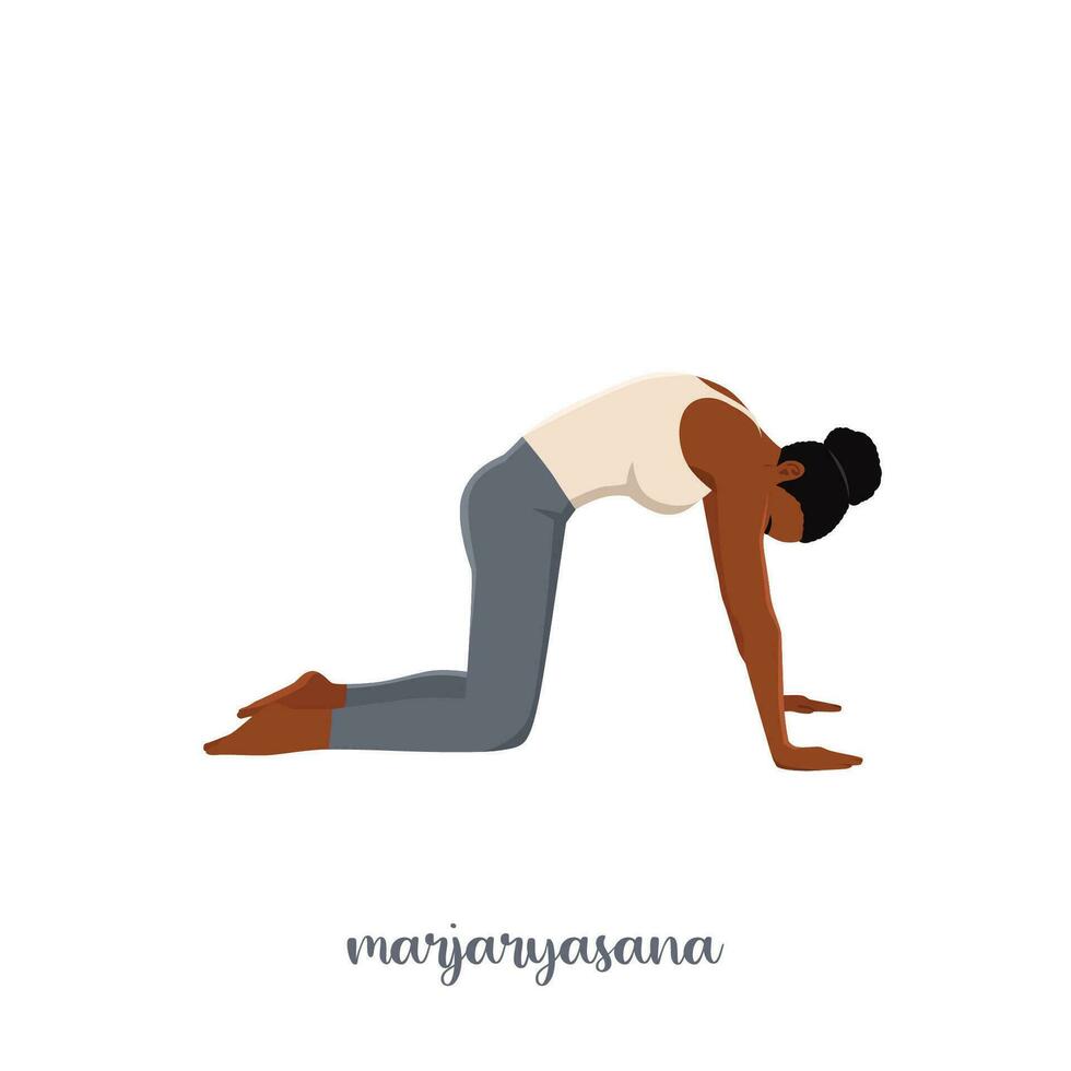 mujer haciendo gato yoga pose. marjaryasana. vector