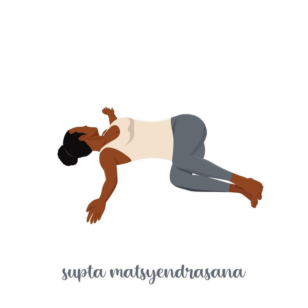 mujer haciendo supta matsyendrasana yoga pose, reclinado espinal giro pose. vector