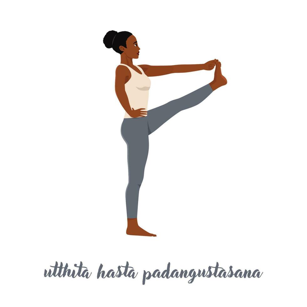 Woman practicing yoga, standing in Extended Hand to Big Toe exercise, Utthita Hasta Padangustasana pose. Flat vector illustration isolated on white background