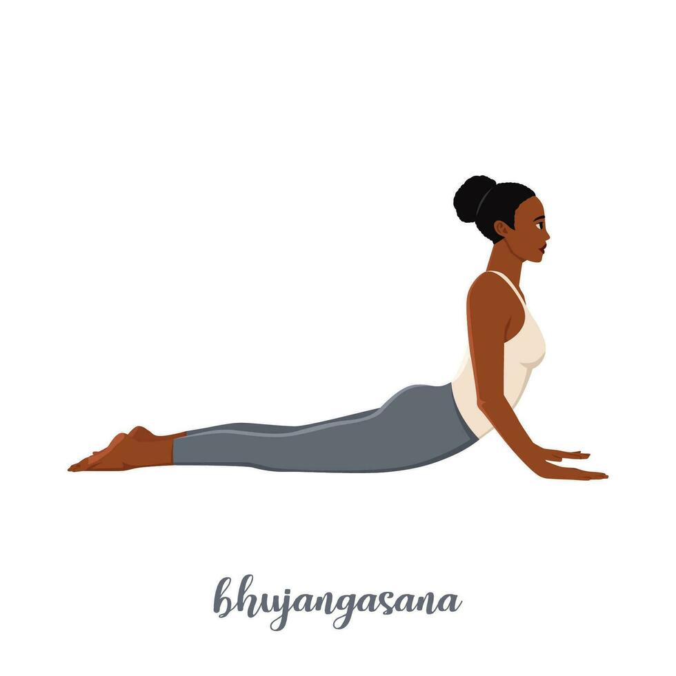 mujer haciendo bhujangasana o cobra pose. demostrando ejercicio durante gimnasia capacitación. plano vector ilustración aislado en blanco antecedentes