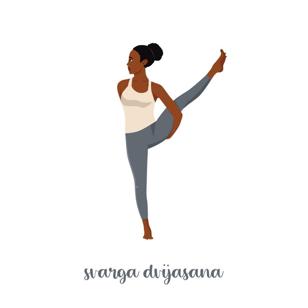 mujer practicando yoga svarga dvijasana, o ave del paraíso.calma profesional y mujer relajada. ilustración vectorial plana aislada sobre fondo blanco vector