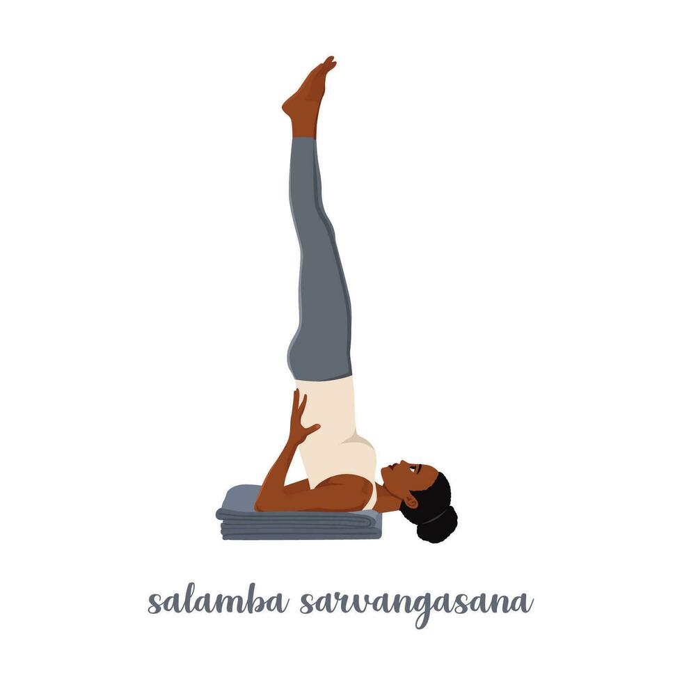 Woman doing Salamba Sarvangasana or shoulder stand pose. Practicing Hatha yoga. Flat vector illustration isolated on white background