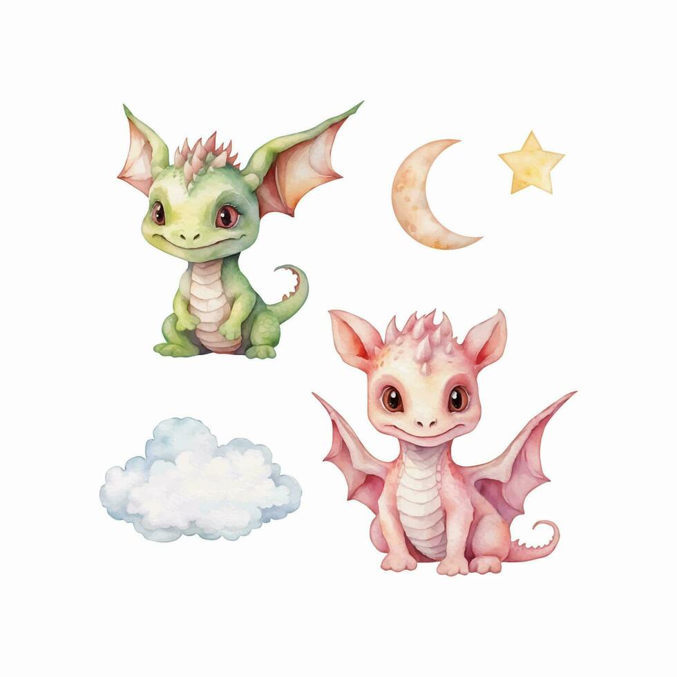 Watercolor cute baby dragon set, nursery vector