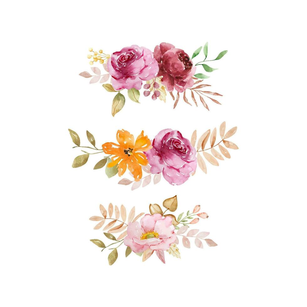 Watercolor elegant bouquet of autumn flowers and leaves, boho style vector