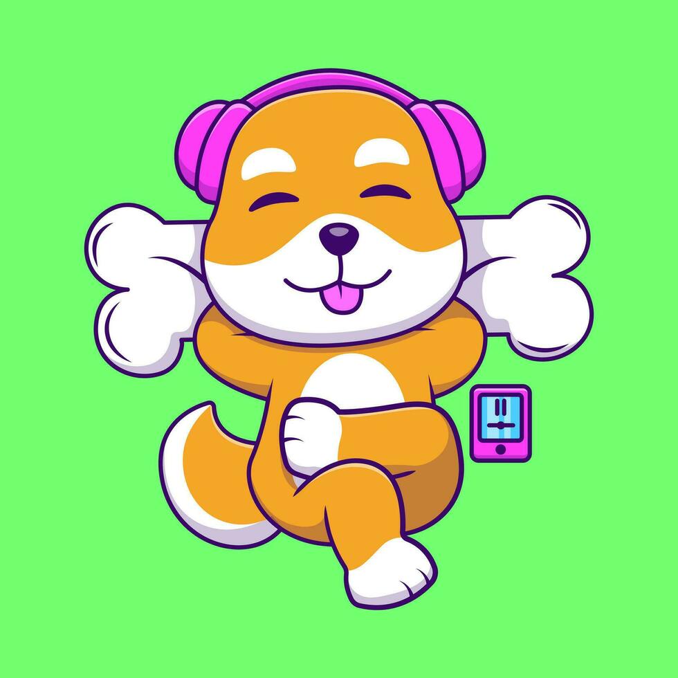 Cute Shiba Inu Listening To Music Cartoon Vector Icons Illustration. Flat Cartoon Concept. Suitable for any creative project.