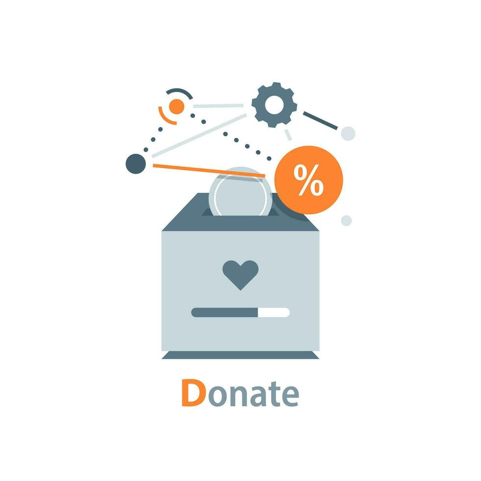 Donation Box with golden coin, money and heart. Donation and charity concept vector