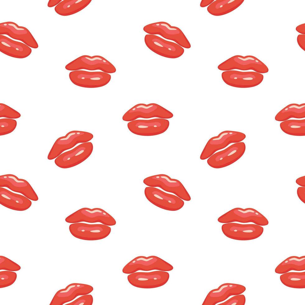 Bright seamless pattern with cartoon lips and red lipstick kiss. Vector background illustration for Valentine's day decoration