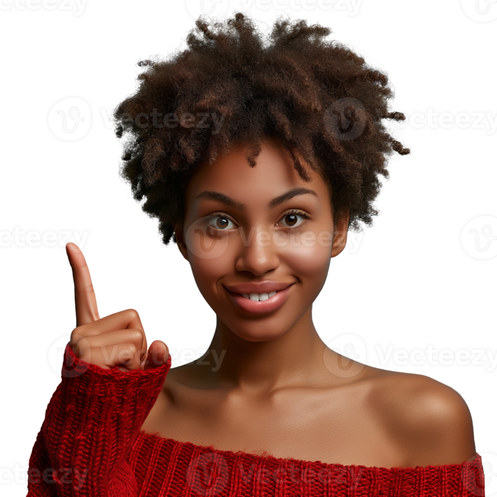 AI generated Young African American woman pointing up her finger on for offer, news or show. Happy promotion and announcement of person isolated on transparent background for excited and information. png