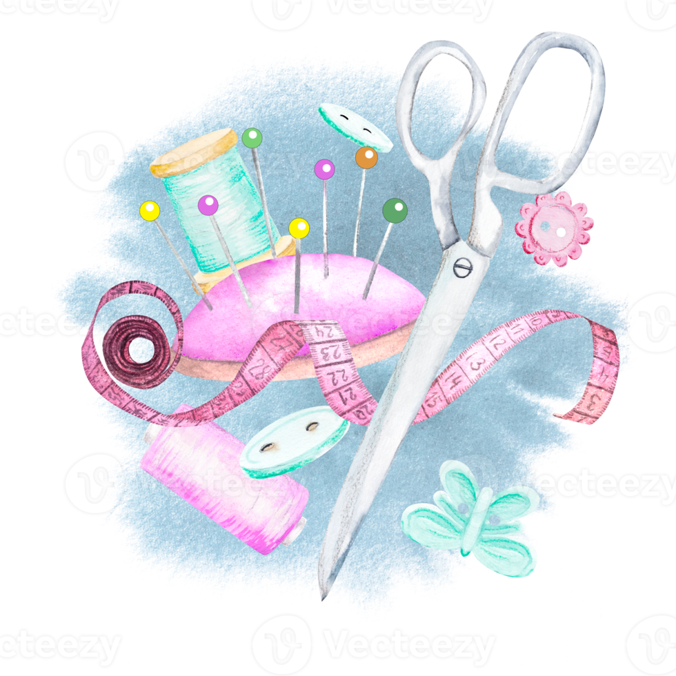 Watercolor sewing set. Hangers, buttons, threads, ribbon, sewing machine, needlework embroidery scissors Hand drawn watercolor drawing png