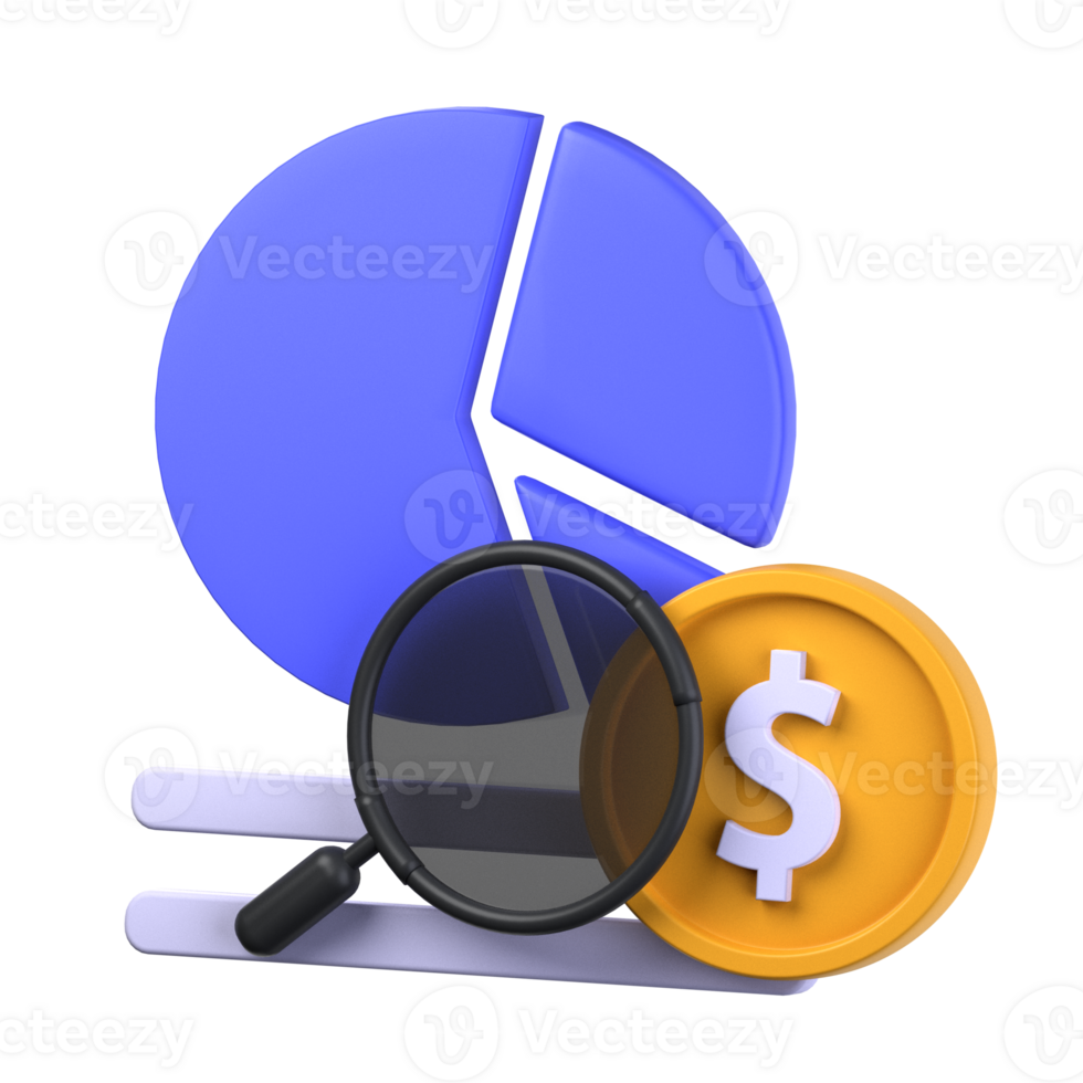financial research 3d illustration object. 3d financial research of finance concept. financial description chart with magnifying glass. 3d finance vector render icon illustration png