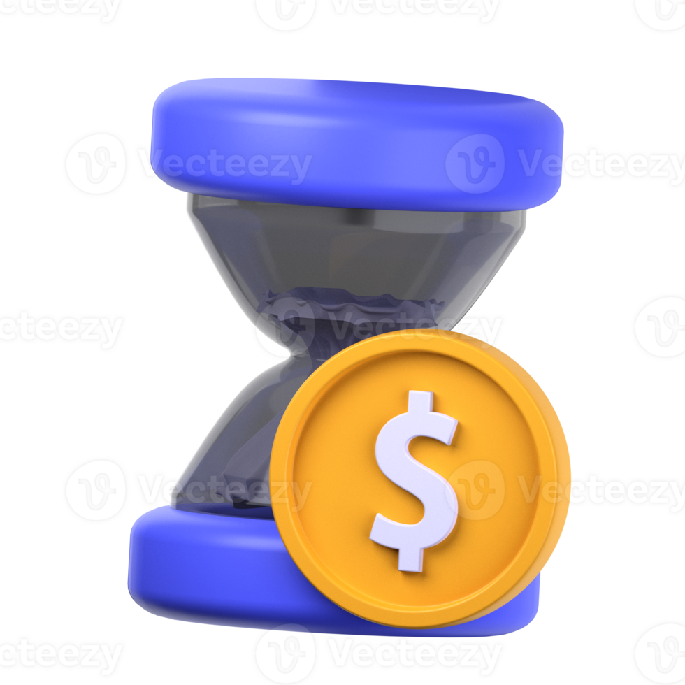 time is money 3d illustration object. 3d time is money of finance concept. hourglass money coin dollar. 3d finance vector render icon illustration. png