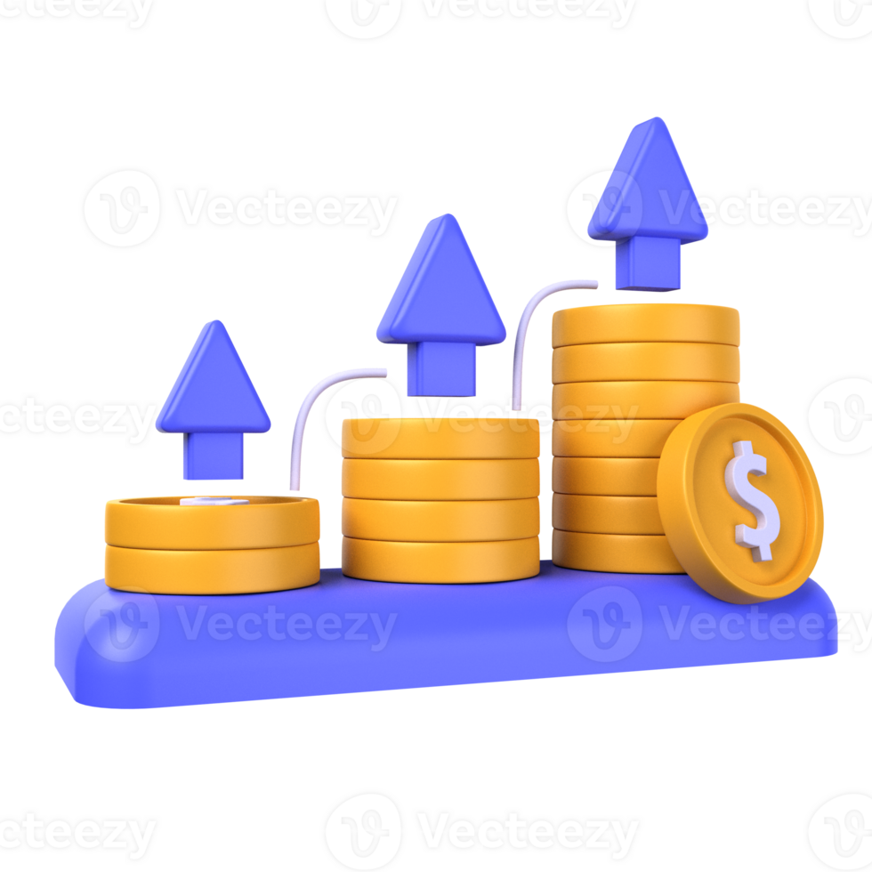 investering växa av 3d illustration. investering 3d begrepp. trött guld dollar mynt och upp pil på blå styrelse. 3d framställa png