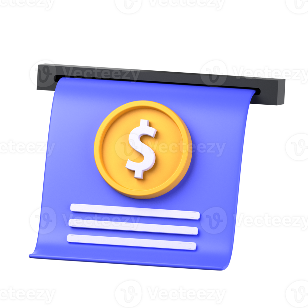 ATM receipt 3d illustration object. 3d ATM receipt finance concept. money on paper and list. 3d user finance vector render icon illustration. png