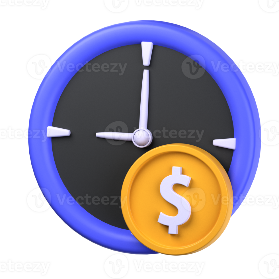 money time 3d illustration object. 3d money time of finance concept. coins in front of the clock. 3d finance vector render icon illustration. png