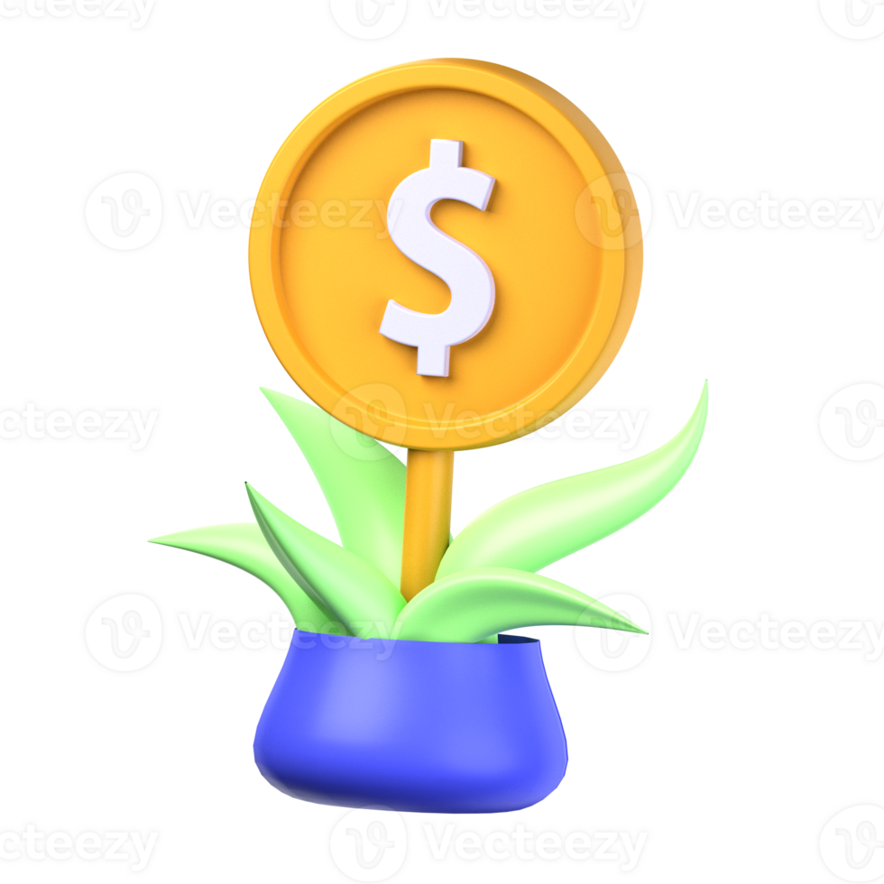 money plant 3d illustration object. 3d money plant of finance concept. money tree in a blue pot. 3d finance vector render icon illustration. png