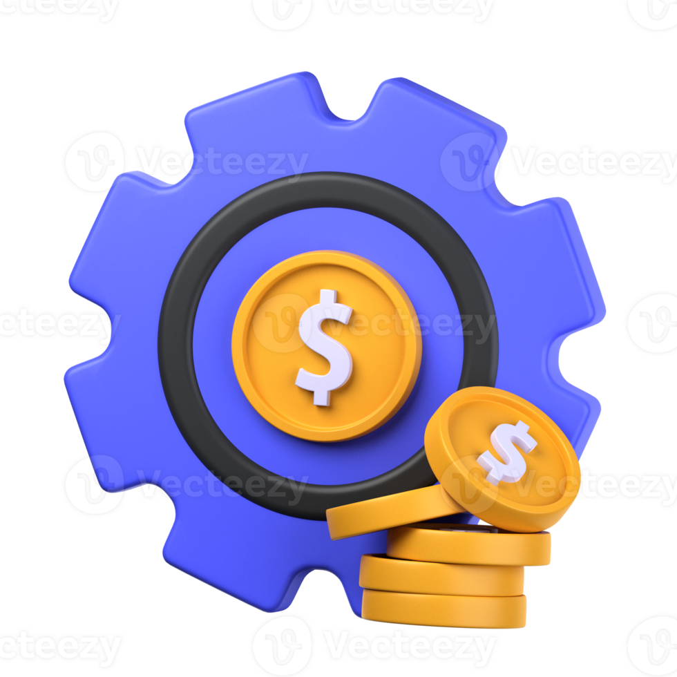 financial process 3d illustration object. 3d financial process of finance concept. gear money coin dollar. 3d finance vector render icon illustration. png