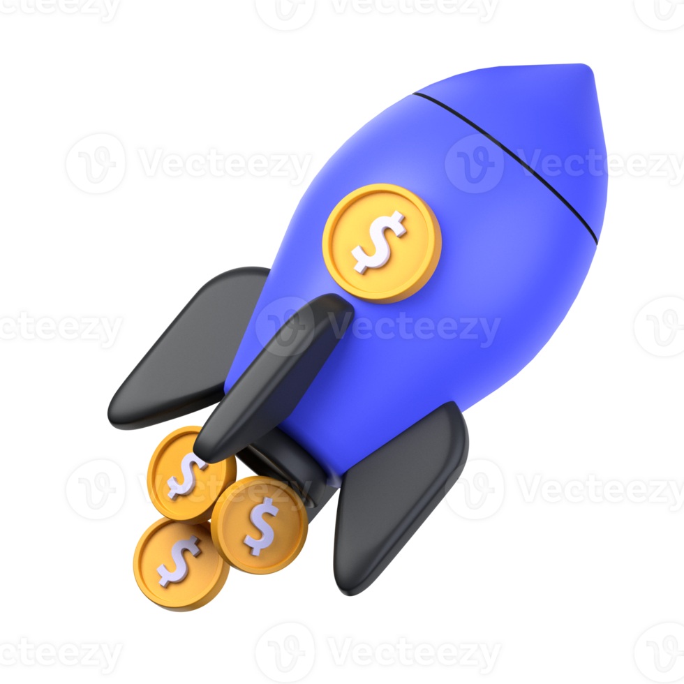 financial startup 3d illustration object. 3d financial startup of finance concept. the money in the blue rocket goes up. 3d finance vector render icon illustration. png